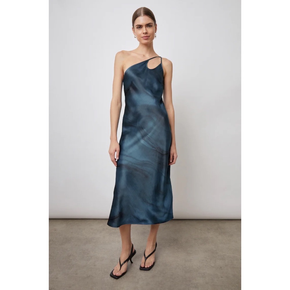 Rails Bias Cut Satin Midi Dress One Shoulder Cutout NWT S M Blue Coast Jordan